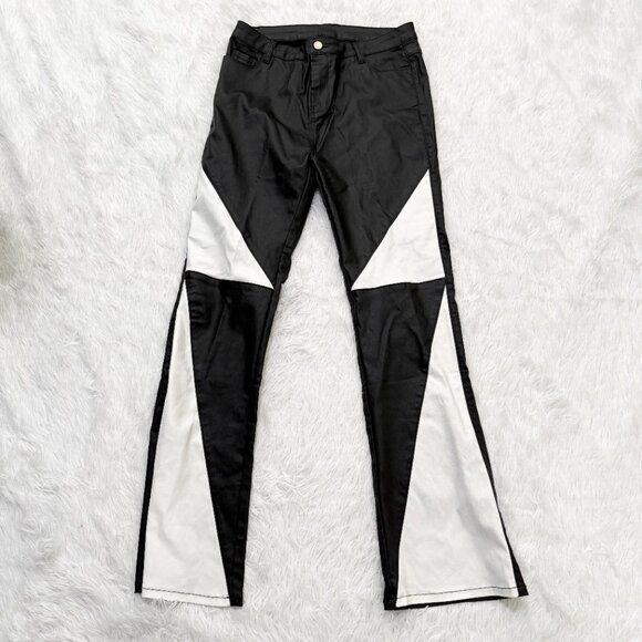 Women Faux Leather Star Wide Leg Pants in Black and White Size Extra Large - Picture 3 of 10